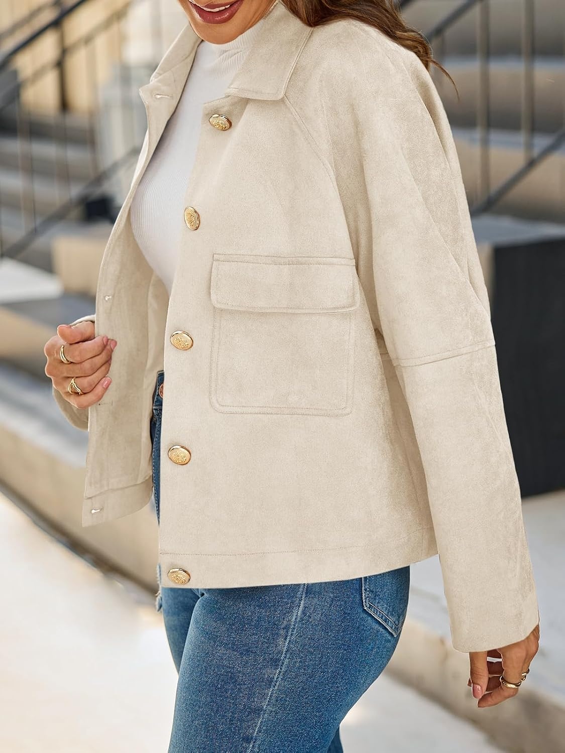 image:imageCicy Bell Womens Faux Suede Leather Jackets Cropped Fall Vintage Shackets Oversized Style Lapel Collar Button Down Crop Length Chest Pockets Trendy CasualBeige