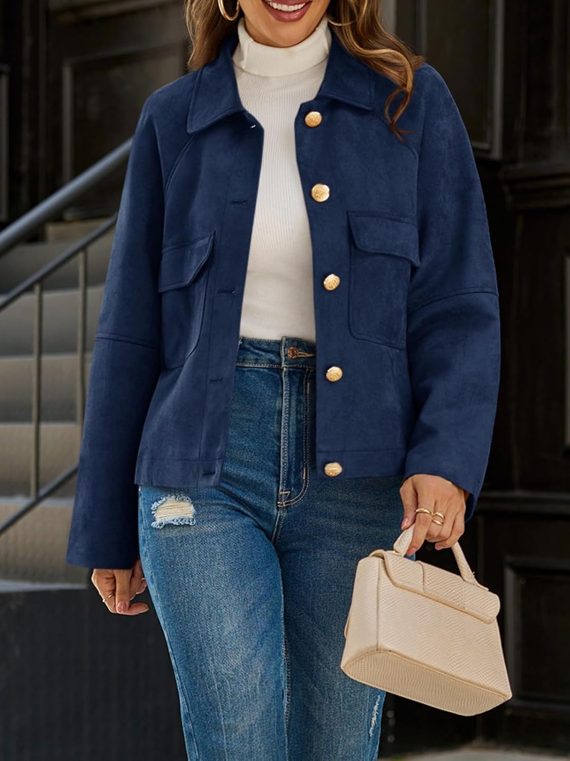image:imageCicy Bell Womens Faux Suede Leather Jackets Cropped Fall Vintage Shackets Oversized Style Lapel Collar Button Down Crop Length Chest Pockets Trendy CasualNavy