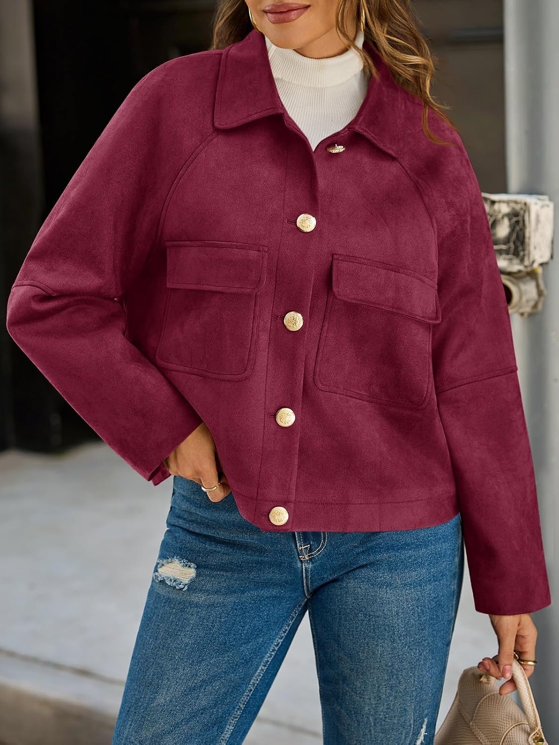 image:imageCicy Bell Womens Faux Suede Leather Jackets Cropped Fall Vintage Shackets Oversized Style Lapel Collar Button Down Crop Length Chest Pockets Trendy CasualWine Red