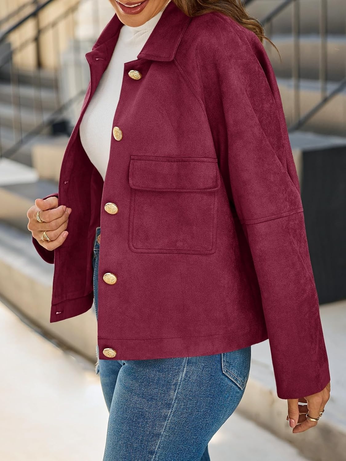 image:imageCicy Bell Womens Faux Suede Leather Jackets Cropped Fall Vintage Shackets Oversized Style Lapel Collar Button Down Crop Length Chest Pockets Trendy CasualWine Red