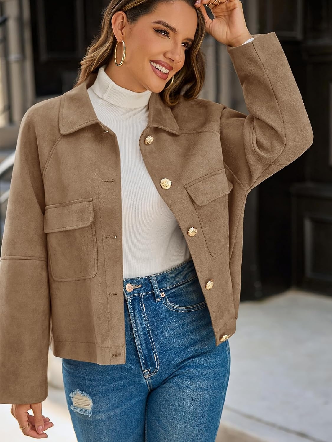 image:imageCicy Bell Womens Faux Suede Leather Jackets Cropped Fall Vintage Shackets Oversized Style Lapel Collar Button Down Crop Length Chest Pockets Trendy CasualDark Brown