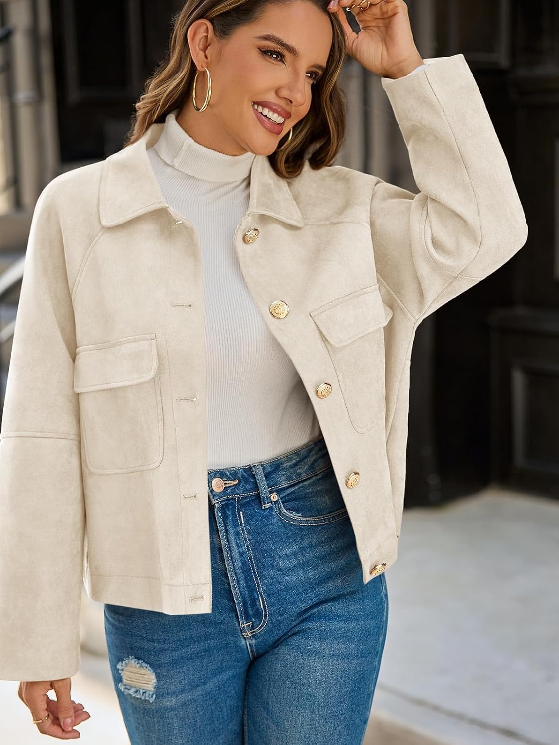 image:imageCicy Bell Womens Faux Suede Leather Jackets Cropped Fall Vintage Shackets Oversized Style Lapel Collar Button Down Crop Length Chest Pockets Trendy CasualBeige