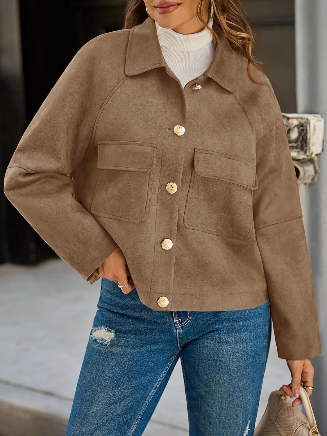 image:imageCicy Bell Womens Faux Suede Leather Jackets Cropped Fall Vintage Shackets Oversized Style Lapel Collar Button Down Crop Length Chest Pockets Trendy CasualDark Brown