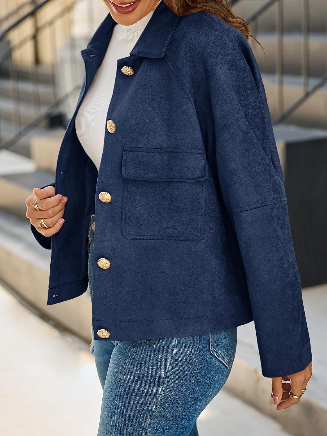 image:imageCicy Bell Womens Faux Suede Leather Jackets Cropped Fall Vintage Shackets Oversized Style Lapel Collar Button Down Crop Length Chest Pockets Trendy CasualNavy