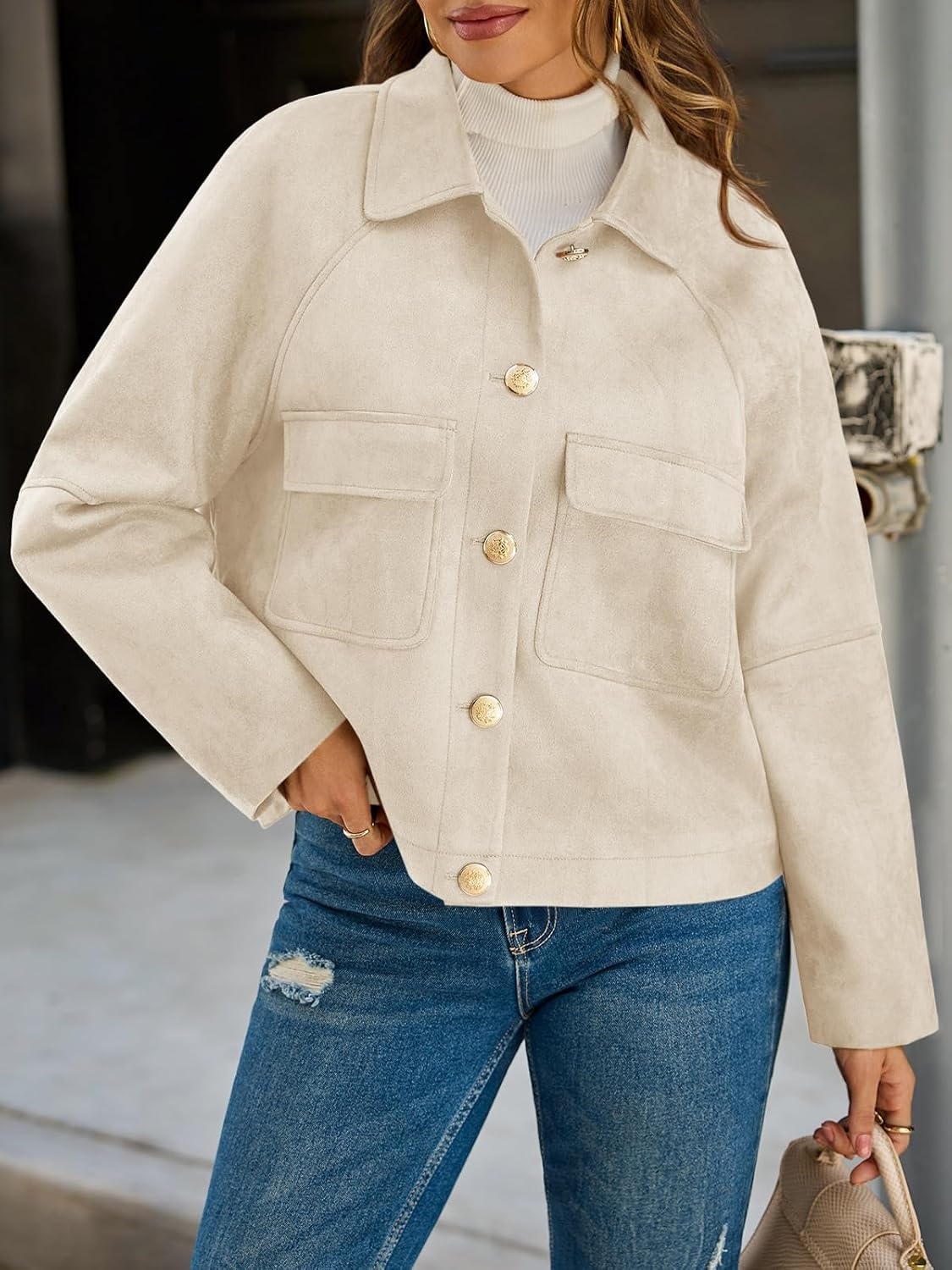 image:imageCicy Bell Womens Faux Suede Leather Jackets Cropped Fall Vintage Shackets Oversized Style Lapel Collar Button Down Crop Length Chest Pockets Trendy CasualBeige