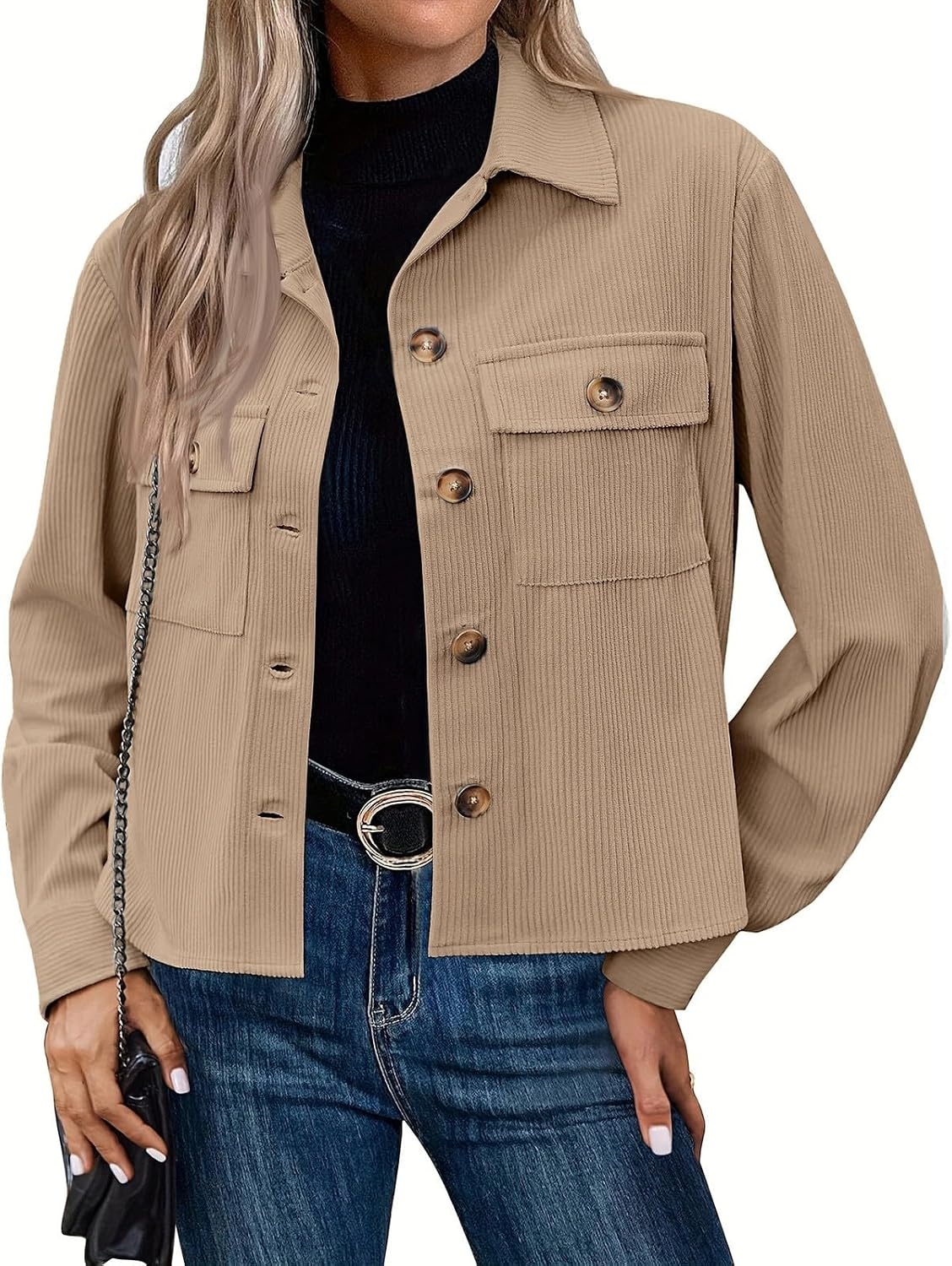 image:imageCorduroy Shacket Women Cropped Button Down Shirts Jacket Casual Fall Long Sleeve Crop Tops Bomber Jacket with PocketsX001beige