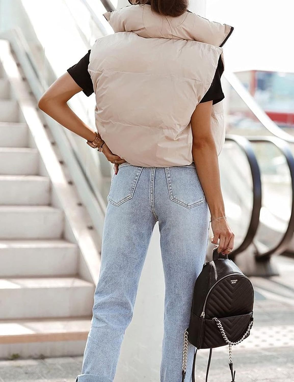 image:imageCropped Puffer Vest Women Zip Up Stand Collar Sleeveless Padded Crop Puffy Vests2 Reversiblebeige