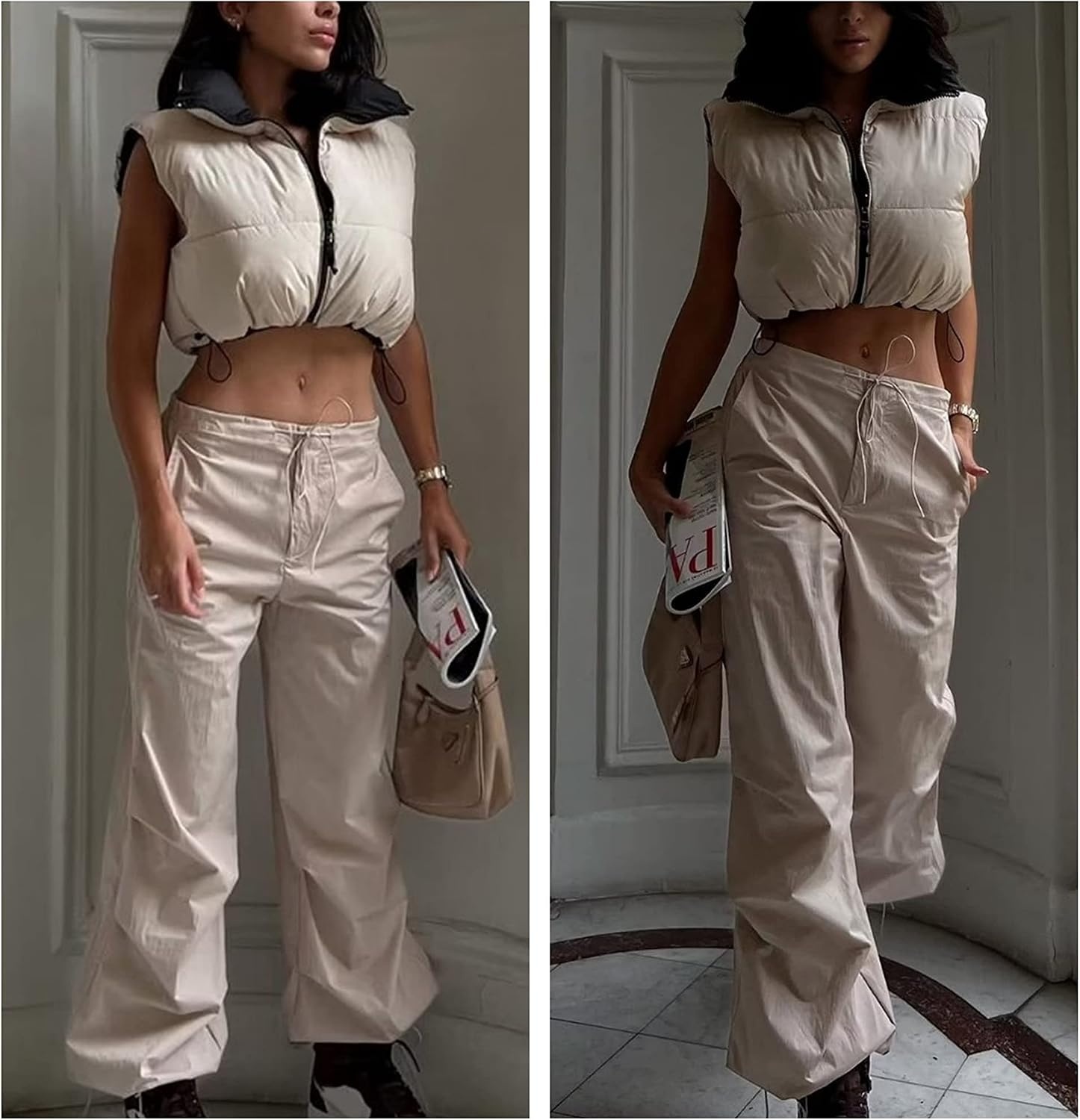 image:imageCropped Puffer Vest Women Zip Up Stand Collar Sleeveless Padded Crop Puffy Vests2 Reversiblebeige