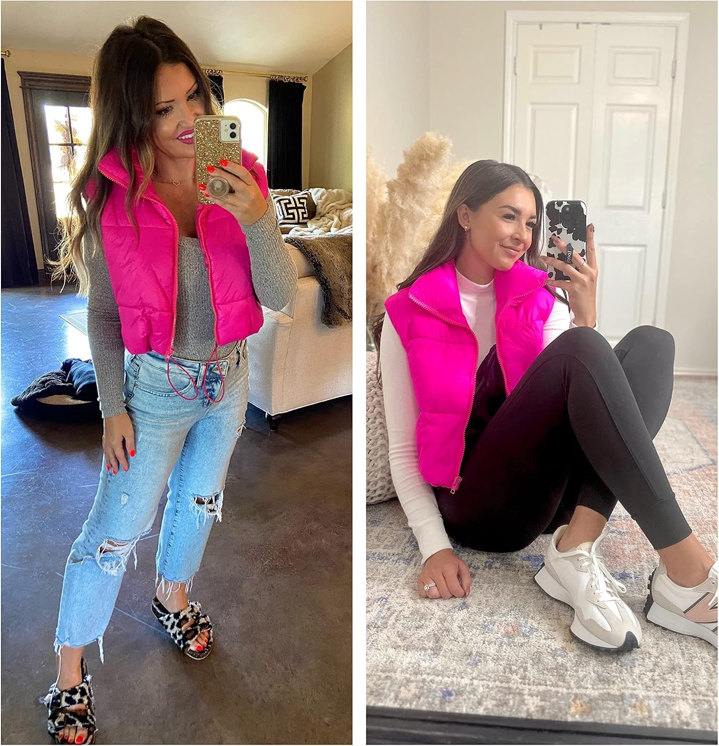 image:imageCropped Puffer Vest Women Zip Up Stand Collar Sleeveless Padded Crop Puffy VestsHot Pink