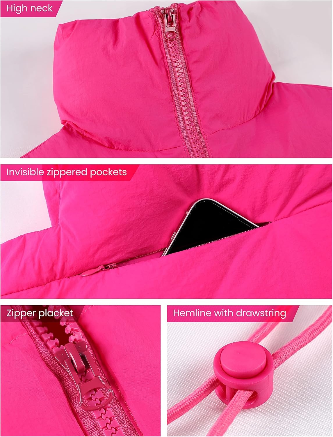 image:imageCropped Puffer Vest Women Zip Up Stand Collar Sleeveless Padded Crop Puffy VestsHot Pink