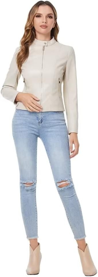 image:imageDIASHINY Faux Leather Jacket Women Cropped Motorcycle Biker Outwear Pu LeatherStretchStand Snap CollarZipper PocketsSlim Bodycon FitCasual DailyWomen Fashion Moto Bomber JacketBeige 006