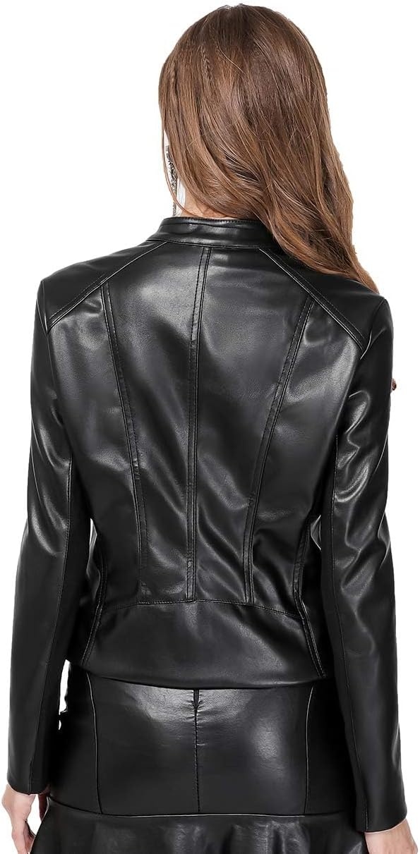 image:imageDIASHINY Faux Leather Jacket Women Cropped Motorcycle Biker Outwear Pu LeatherStretchStand Snap CollarZipper PocketsSlim Bodycon FitCasual DailyWomen Fashion Moto Bomber JacketBlack 006