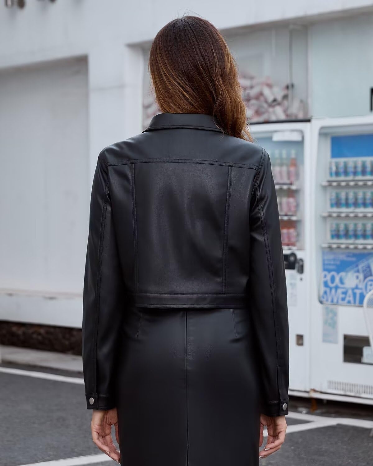 image:imageDIASHINY Faux Leather Jacket Women Cropped Motorcycle Biker Outwear Pu LeatherStretchStand Snap CollarZipper PocketsSlim Bodycon FitCasual DailyWomen Fashion Moto Bomber Jacket126 Black