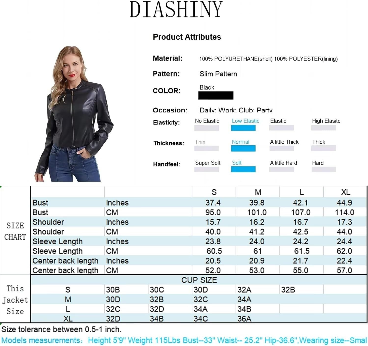image:imageDIASHINY Faux Leather Jacket Women Cropped Motorcycle Biker Outwear Pu LeatherStretchStand Snap CollarZipper PocketsSlim Bodycon FitCasual DailyWomen Fashion Moto Bomber JacketBlack 047
