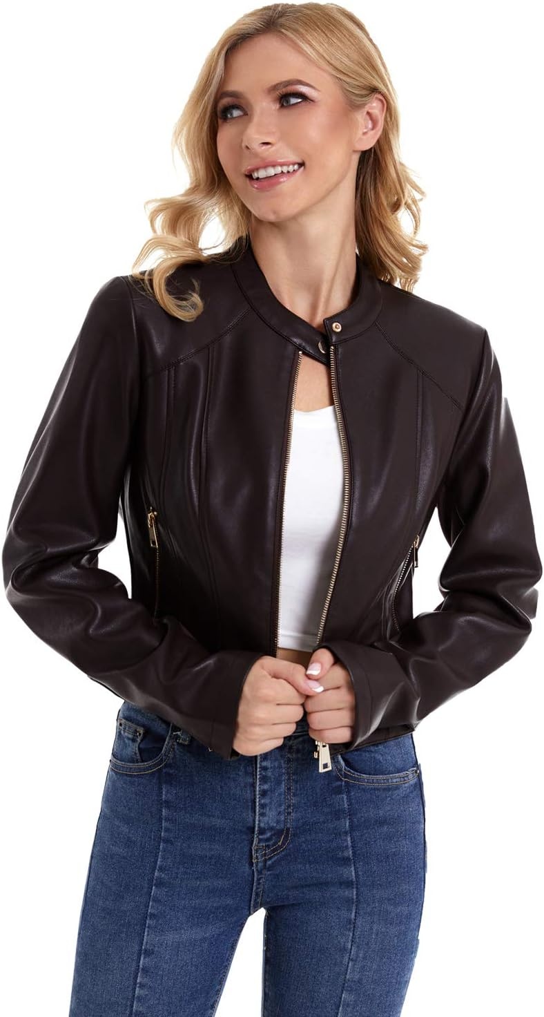 image:imageDIASHINY Faux Leather Jacket Women Cropped Motorcycle Biker Outwear Pu LeatherStretchStand Snap CollarZipper PocketsSlim Bodycon FitCasual DailyWomen Fashion Moto Bomber JacketBlack 048