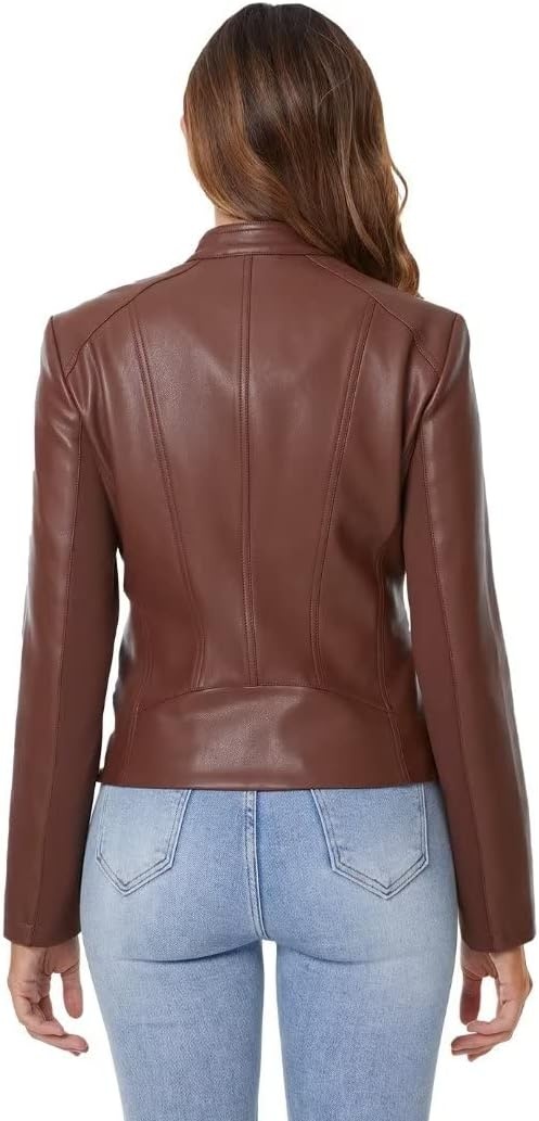 image:imageDIASHINY Faux Leather Jacket Women Cropped Motorcycle Biker Outwear Pu LeatherStretchStand Snap CollarZipper PocketsSlim Bodycon FitCasual DailyWomen Fashion Moto Bomber JacketBrown 006