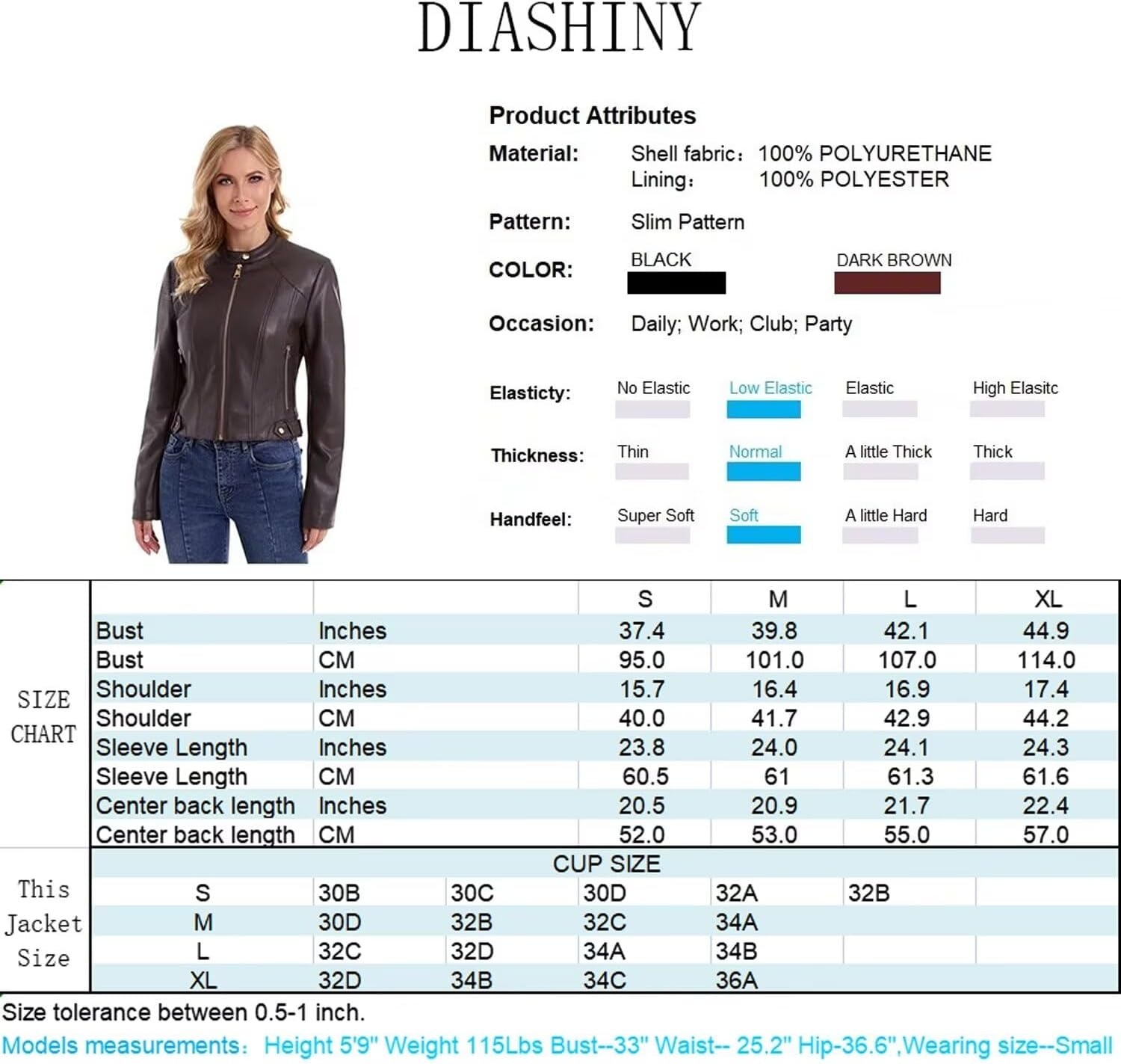 image:imageDIASHINY Faux Leather Jacket Women Cropped Motorcycle Biker Outwear Pu LeatherStretchStand Snap CollarZipper PocketsSlim Bodycon FitCasual DailyWomen Fashion Moto Bomber JacketBlack 048