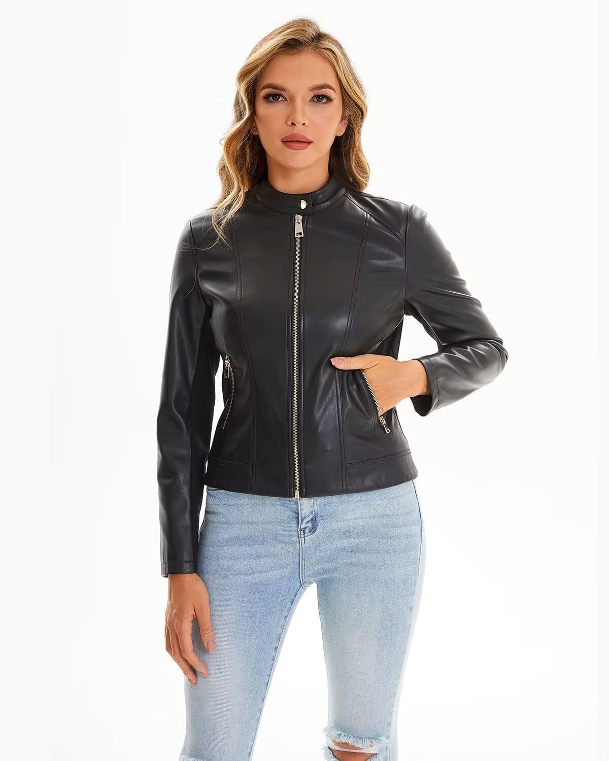 image:imageDIASHINY Faux Leather Jacket Women Cropped Motorcycle Biker Outwear Pu LeatherStretchStand Snap CollarZipper PocketsSlim Bodycon FitCasual DailyWomen Fashion Moto Bomber JacketBlack 006