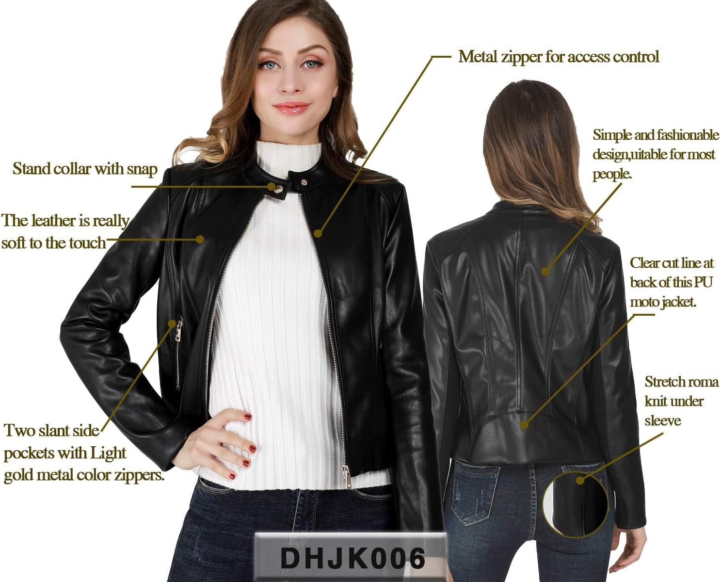 image:imageDIASHINY Faux Leather Jacket Women Cropped Motorcycle Biker Outwear Pu LeatherStretchStand Snap CollarZipper PocketsSlim Bodycon FitCasual DailyWomen Fashion Moto Bomber JacketBlack 006