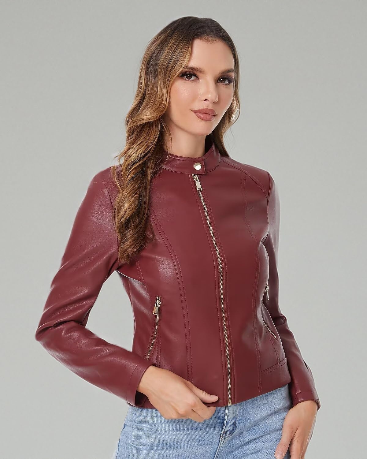 image:imageDIASHINY Faux Leather Jacket Women Cropped Motorcycle Biker Outwear Pu LeatherStretchStand Snap CollarZipper PocketsSlim Bodycon FitCasual DailyWomen Fashion Moto Bomber JacketWine Red 006