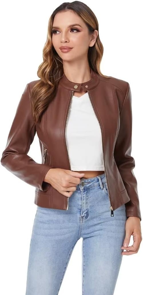 image:imageDIASHINY Faux Leather Jacket Women Cropped Motorcycle Biker Outwear Pu LeatherStretchStand Snap CollarZipper PocketsSlim Bodycon FitCasual DailyWomen Fashion Moto Bomber JacketBrown 006