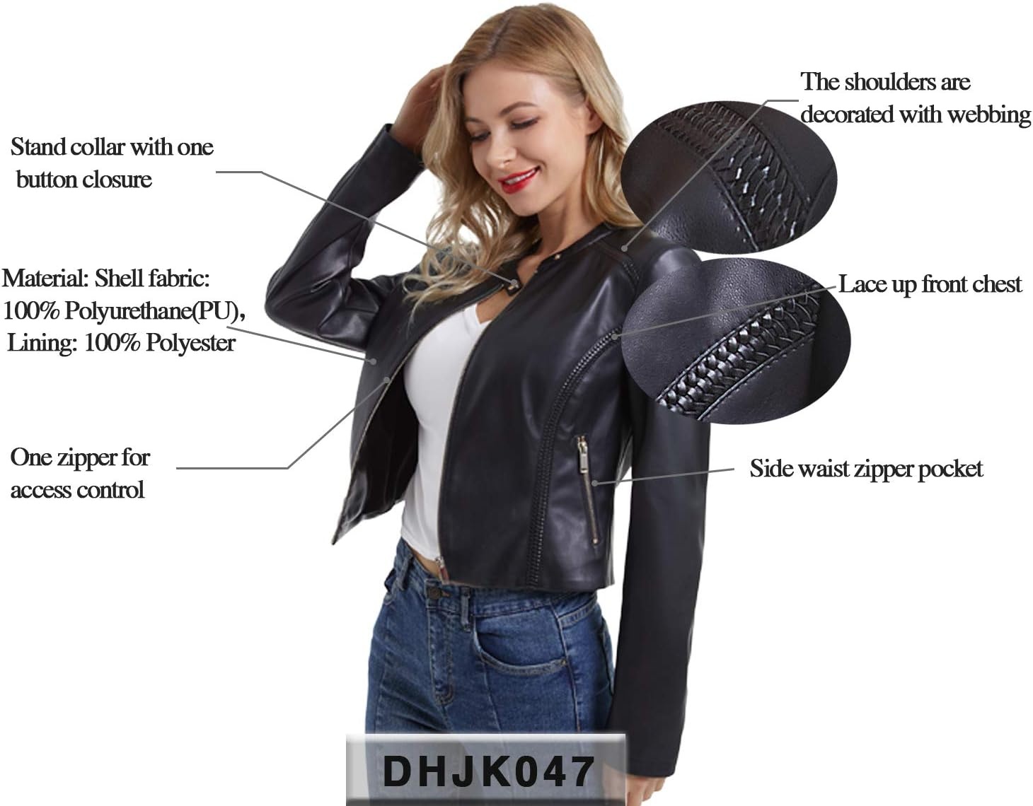image:imageDIASHINY Faux Leather Jacket Women Cropped Motorcycle Biker Outwear Pu LeatherStretchStand Snap CollarZipper PocketsSlim Bodycon FitCasual DailyWomen Fashion Moto Bomber JacketBlack 047