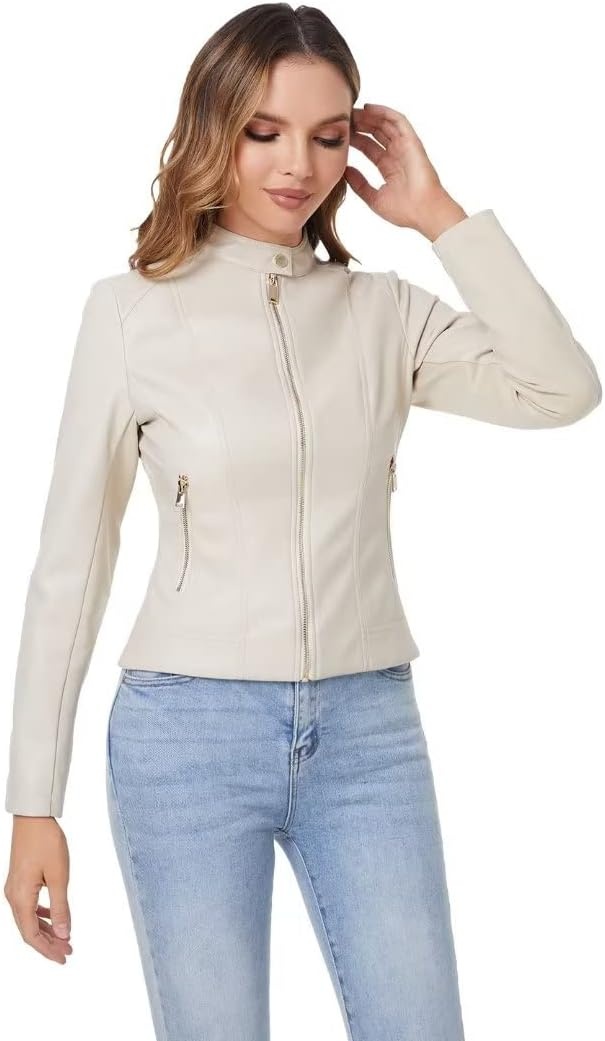 image:imageDIASHINY Faux Leather Jacket Women Cropped Motorcycle Biker Outwear Pu LeatherStretchStand Snap CollarZipper PocketsSlim Bodycon FitCasual DailyWomen Fashion Moto Bomber JacketBeige 006