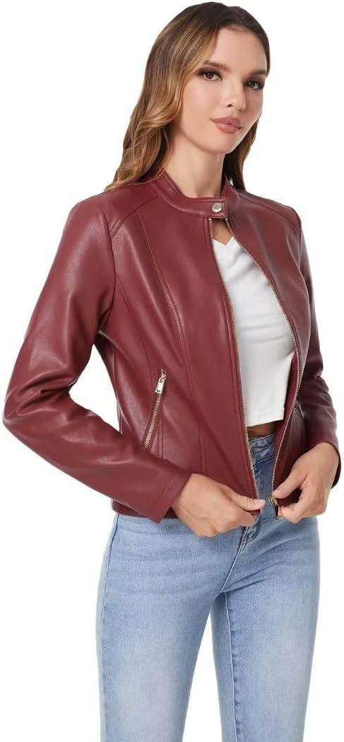 image:imageDIASHINY Faux Leather Jacket Women Cropped Motorcycle Biker Outwear Pu LeatherStretchStand Snap CollarZipper PocketsSlim Bodycon FitCasual DailyWomen Fashion Moto Bomber JacketWine Red 006