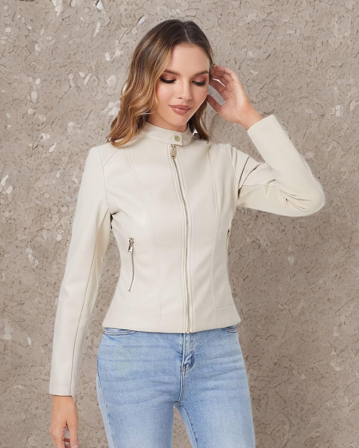 image:imageDIASHINY Faux Leather Jacket Women Cropped Motorcycle Biker Outwear Pu LeatherStretchStand Snap CollarZipper PocketsSlim Bodycon FitCasual DailyWomen Fashion Moto Bomber JacketBeige 006