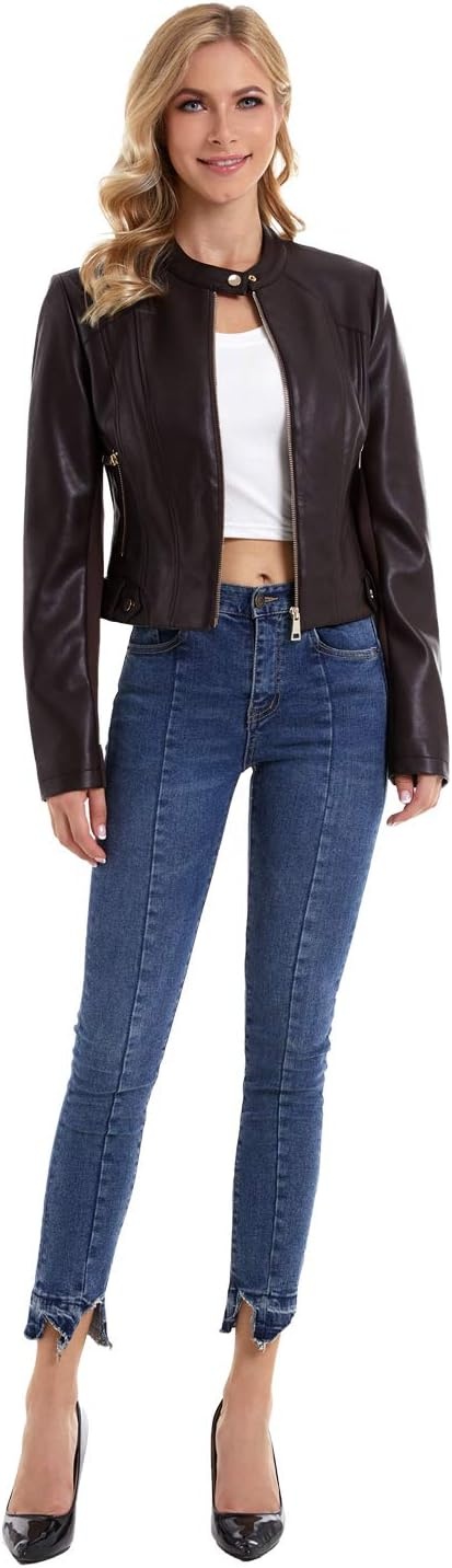 image:imageDIASHINY Faux Leather Jacket Women Cropped Motorcycle Biker Outwear Pu LeatherStretchStand Snap CollarZipper PocketsSlim Bodycon FitCasual DailyWomen Fashion Moto Bomber JacketBlack 048
