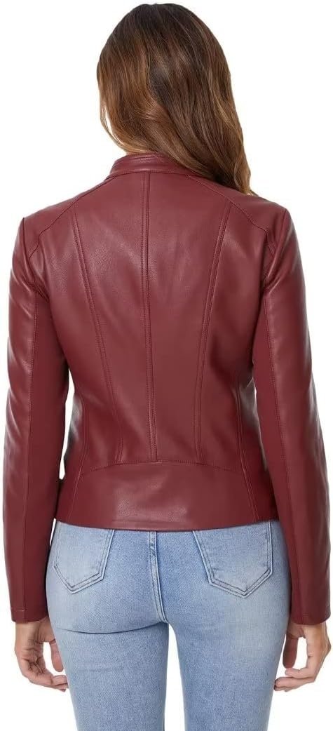 image:imageDIASHINY Faux Leather Jacket Women Cropped Motorcycle Biker Outwear Pu LeatherStretchStand Snap CollarZipper PocketsSlim Bodycon FitCasual DailyWomen Fashion Moto Bomber JacketWine Red 006
