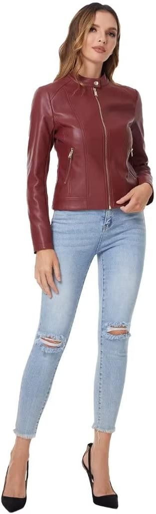 image:imageDIASHINY Faux Leather Jacket Women Cropped Motorcycle Biker Outwear Pu LeatherStretchStand Snap CollarZipper PocketsSlim Bodycon FitCasual DailyWomen Fashion Moto Bomber JacketWine Red 006