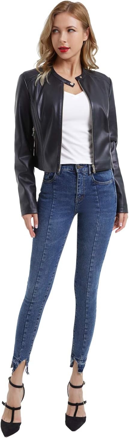 image:imageDIASHINY Faux Leather Jacket Women Cropped Motorcycle Biker Outwear Pu LeatherStretchStand Snap CollarZipper PocketsSlim Bodycon FitCasual DailyWomen Fashion Moto Bomber JacketBlack 047