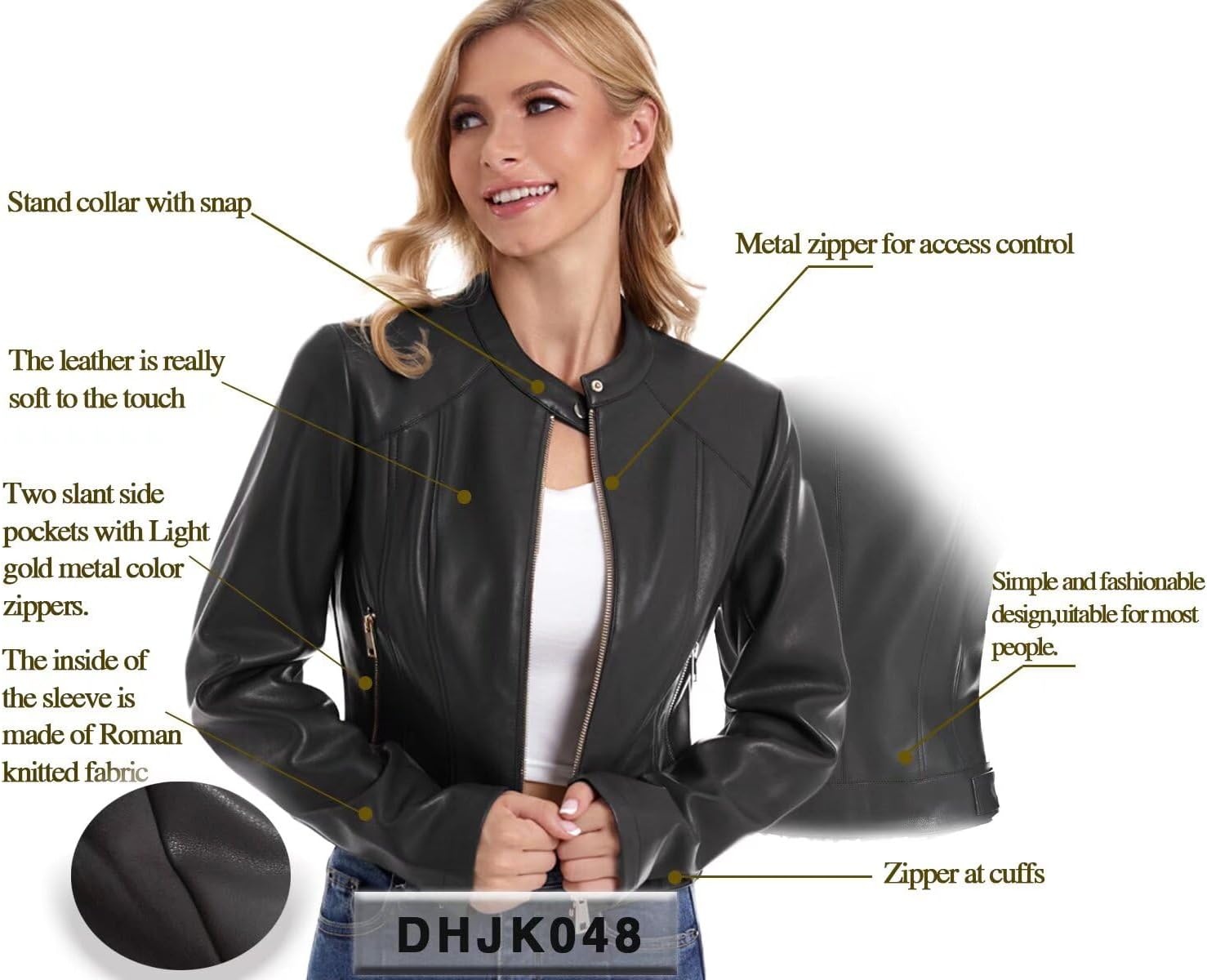 image:imageDIASHINY Faux Leather Jacket Women Cropped Motorcycle Biker Outwear Pu LeatherStretchStand Snap CollarZipper PocketsSlim Bodycon FitCasual DailyWomen Fashion Moto Bomber JacketBlack 048