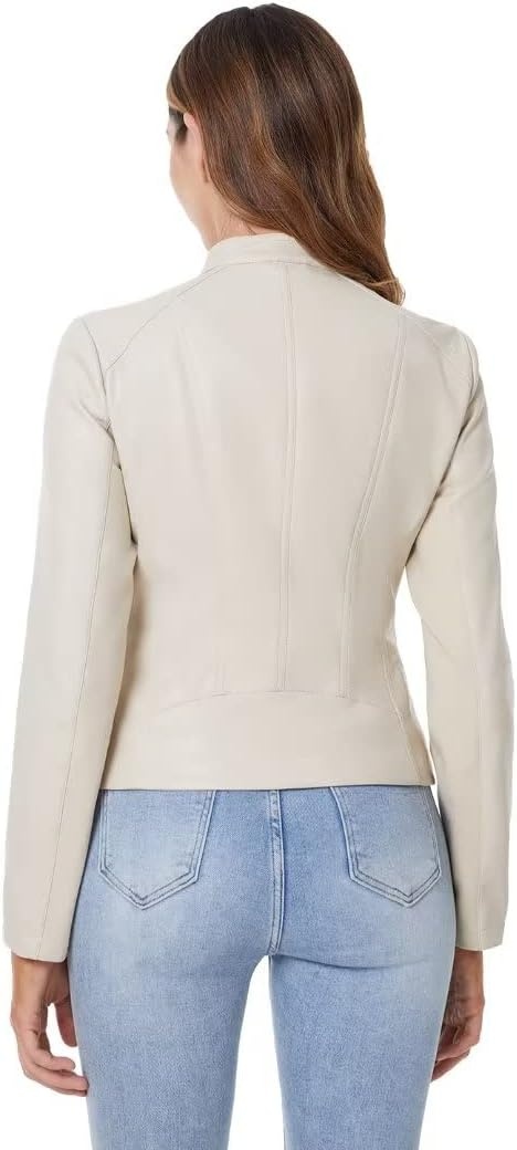 image:imageDIASHINY Faux Leather Jacket Women Cropped Motorcycle Biker Outwear Pu LeatherStretchStand Snap CollarZipper PocketsSlim Bodycon FitCasual DailyWomen Fashion Moto Bomber JacketBeige 006