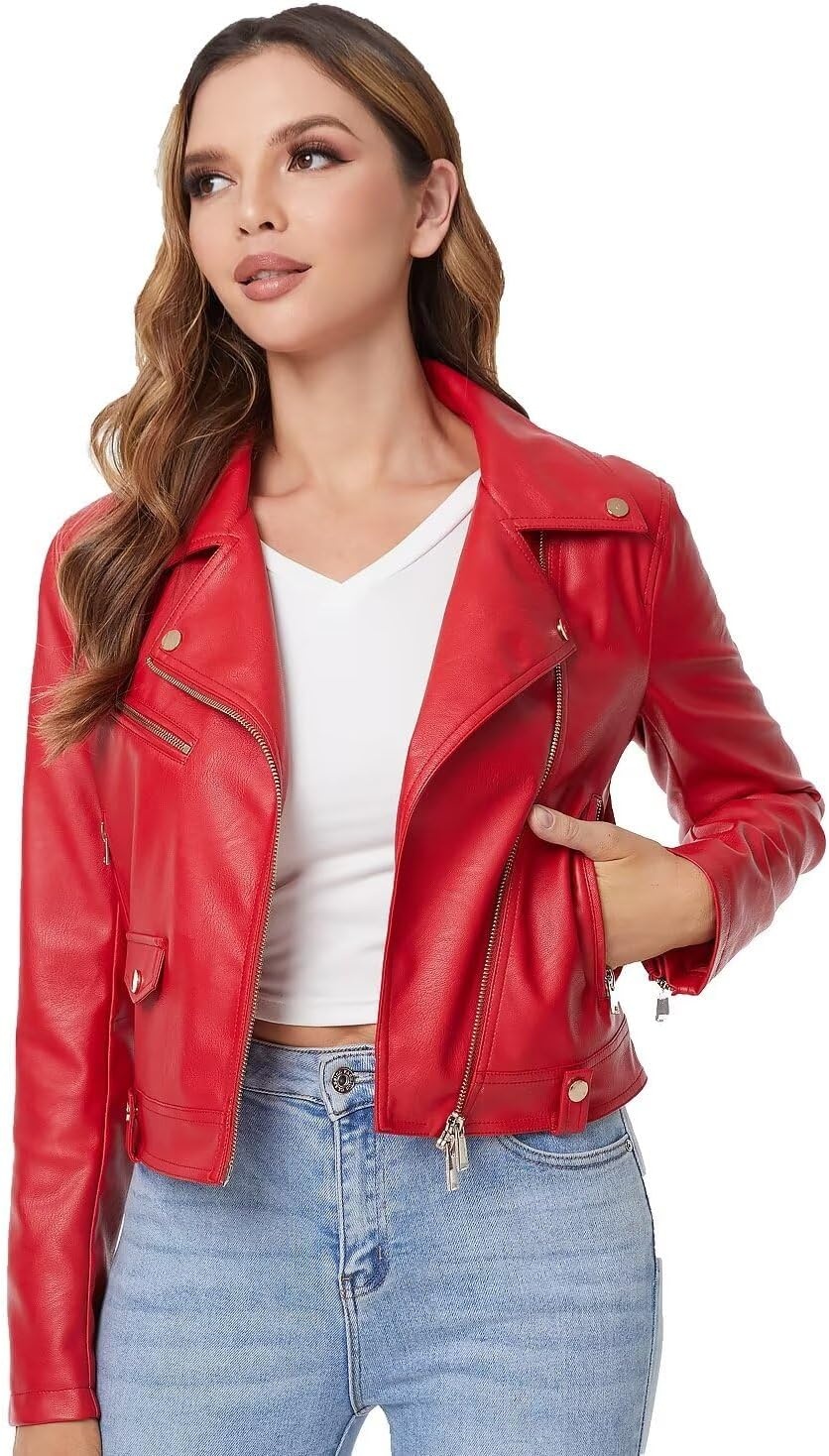 image:imageDIASHINY Women Faux Leather Jacket Slim Belted PU Moto Coat Pu Faux Leather Notch Lapel Asymmetrical Zipper Adjustable Belt Slim Fit Casual Party Women Cropped Biker Jacket013 Red