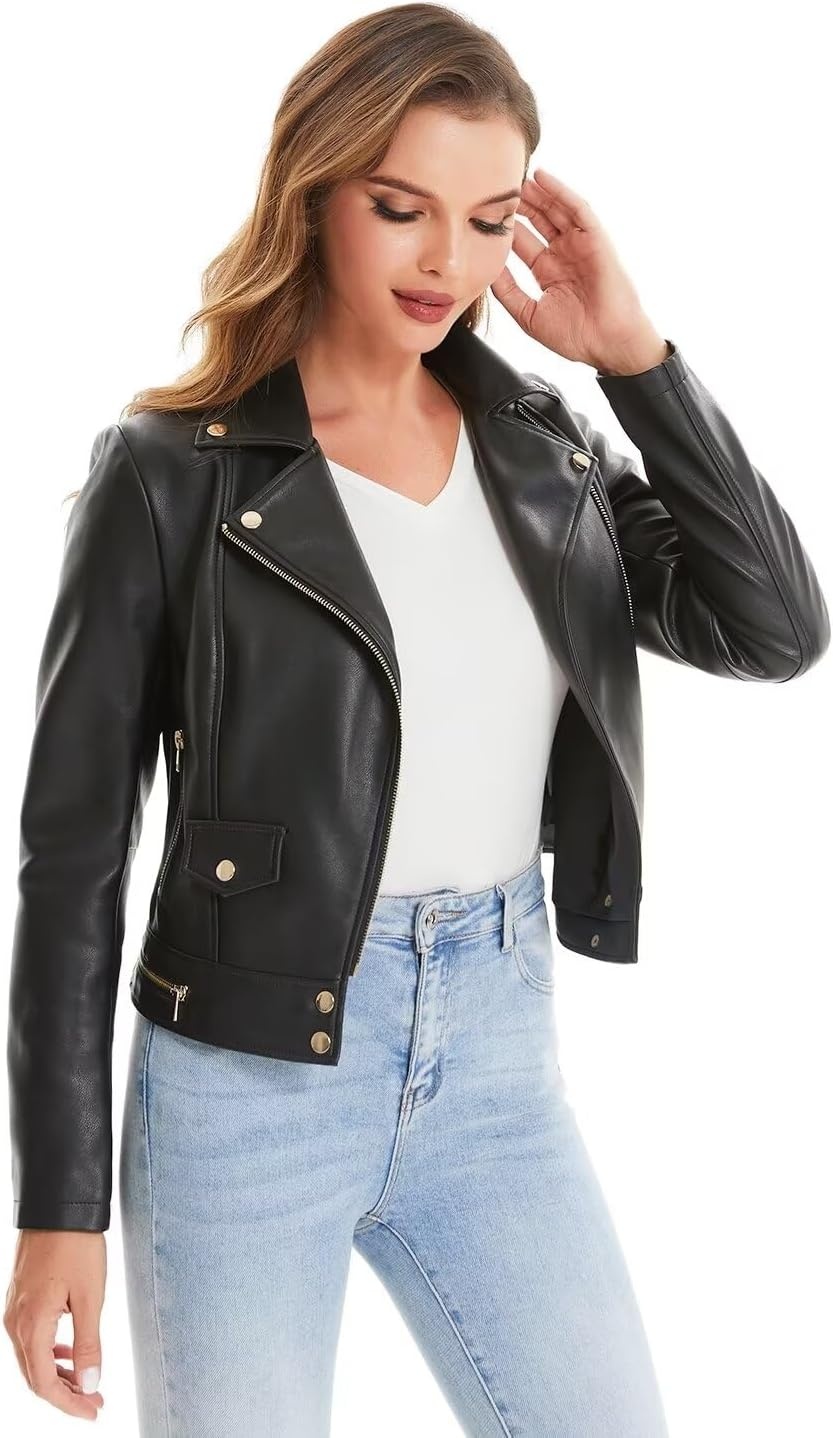 image:imageDIASHINY Women Faux Leather Jacket Slim Belted PU Moto Coat Pu Faux Leather Notch Lapel Asymmetrical Zipper Adjustable Belt Slim Fit Casual Party Women Cropped Biker Jacket022 Black