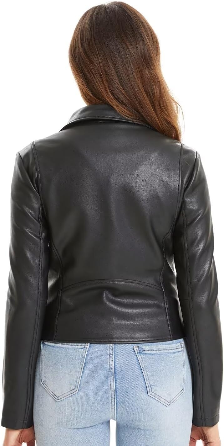 image:imageDIASHINY Women Faux Leather Jacket Slim Belted PU Moto Coat Pu Faux Leather Notch Lapel Asymmetrical Zipper Adjustable Belt Slim Fit Casual Party Women Cropped Biker Jacket022 Black