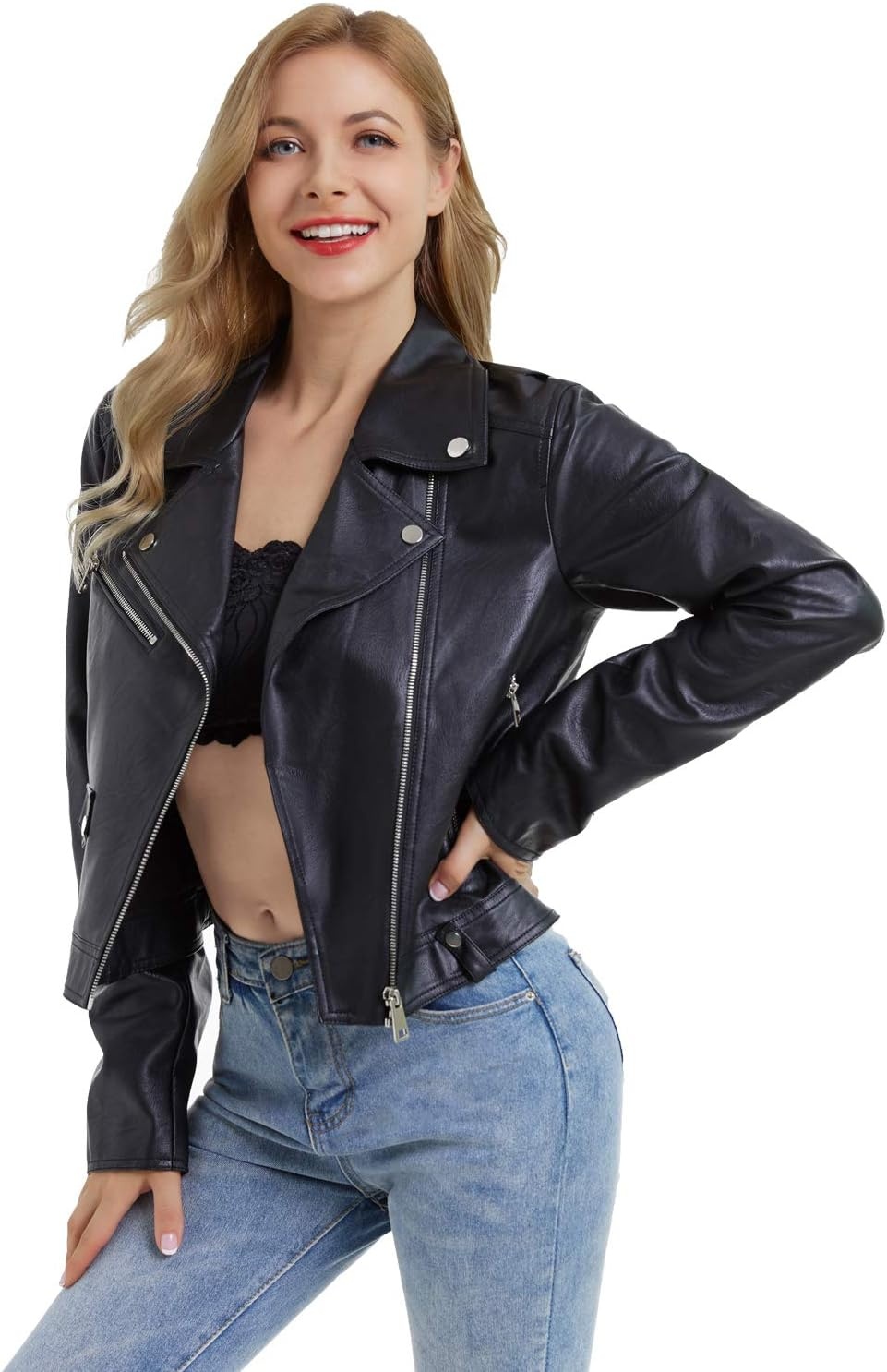 image:imageDIASHINY Women Faux Leather Jacket Slim Belted PU Moto Coat Pu Faux Leather Notch Lapel Asymmetrical Zipper Adjustable Belt Slim Fit Casual Party Women Cropped Biker Jacket013 Black