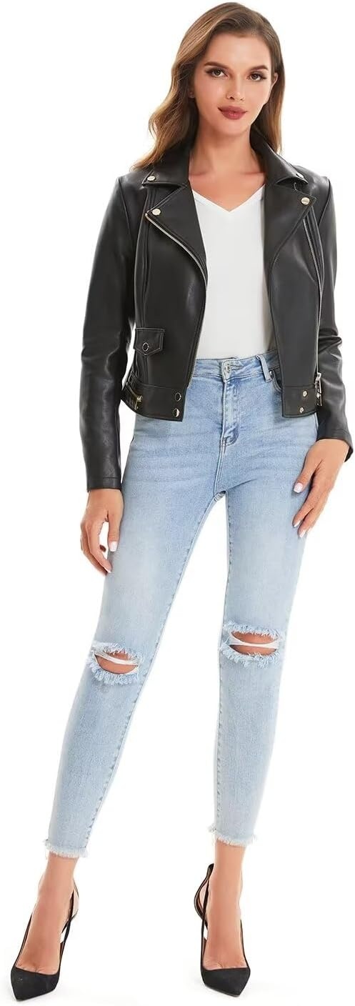 image:imageDIASHINY Women Faux Leather Jacket Slim Belted PU Moto Coat Pu Faux Leather Notch Lapel Asymmetrical Zipper Adjustable Belt Slim Fit Casual Party Women Cropped Biker Jacket022 Black