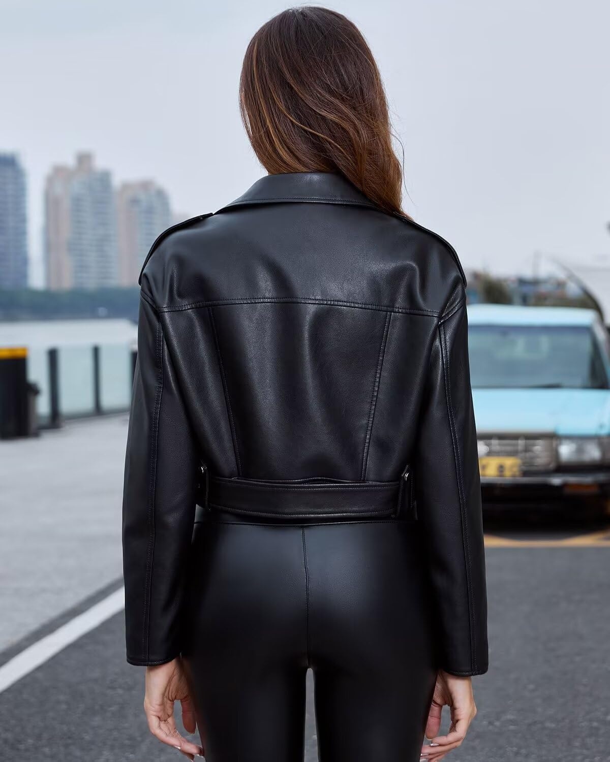 image:imageDIASHINY Women Faux Leather Jacket Slim Belted PU Moto Coat Pu Faux Leather Notch Lapel Asymmetrical Zipper Adjustable Belt Slim Fit Casual Party Women Cropped Biker Jacket127 Black