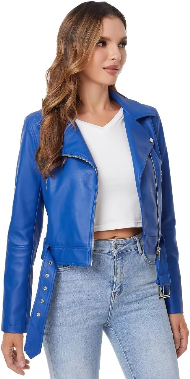 image:imageDIASHINY Women Faux Leather Jacket Slim Belted PU Moto Coat Pu Faux Leather Notch Lapel Asymmetrical Zipper Adjustable Belt Slim Fit Casual Party Women Cropped Biker Jacket036 Blue