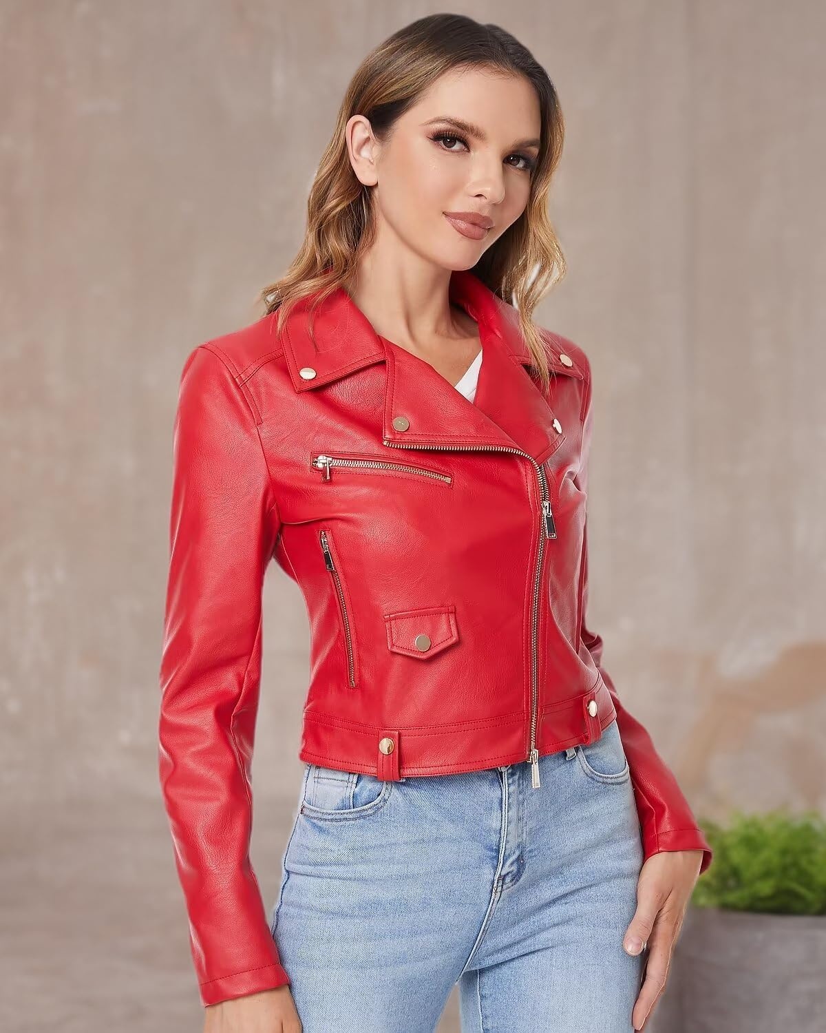 image:imageDIASHINY Women Faux Leather Jacket Slim Belted PU Moto Coat Pu Faux Leather Notch Lapel Asymmetrical Zipper Adjustable Belt Slim Fit Casual Party Women Cropped Biker Jacket013 Red