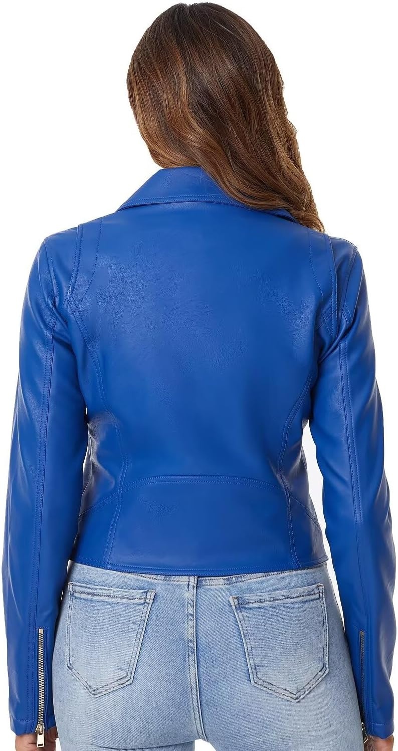 image:imageDIASHINY Women Faux Leather Jacket Slim Belted PU Moto Coat Pu Faux Leather Notch Lapel Asymmetrical Zipper Adjustable Belt Slim Fit Casual Party Women Cropped Biker Jacket013 Blue