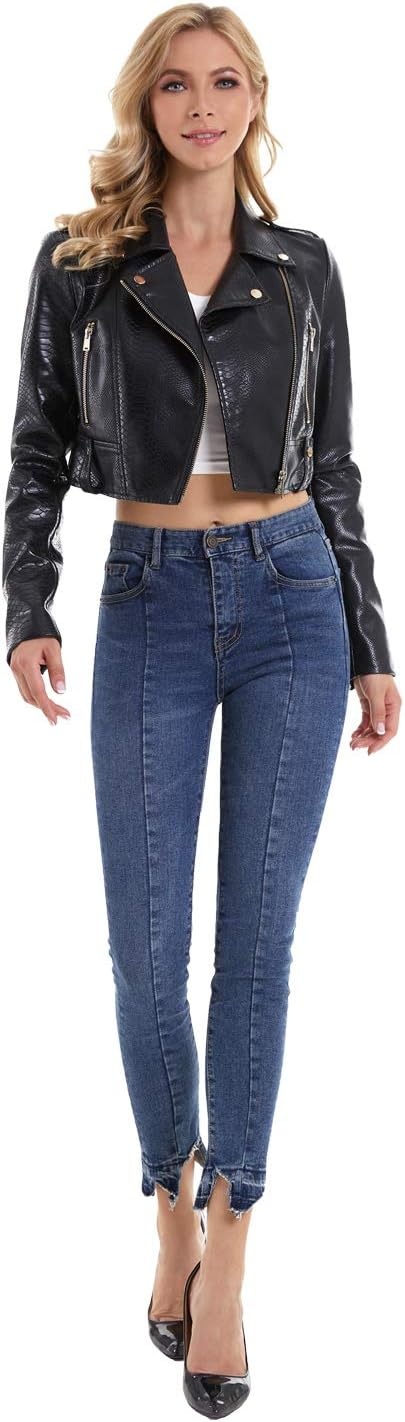 image:imageDIASHINY Women Faux Leather Jacket Slim Belted PU Moto Coat Pu Faux Leather Notch Lapel Asymmetrical Zipper Adjustable Belt Slim Fit Casual Party Women Cropped Biker Jacket050 Black