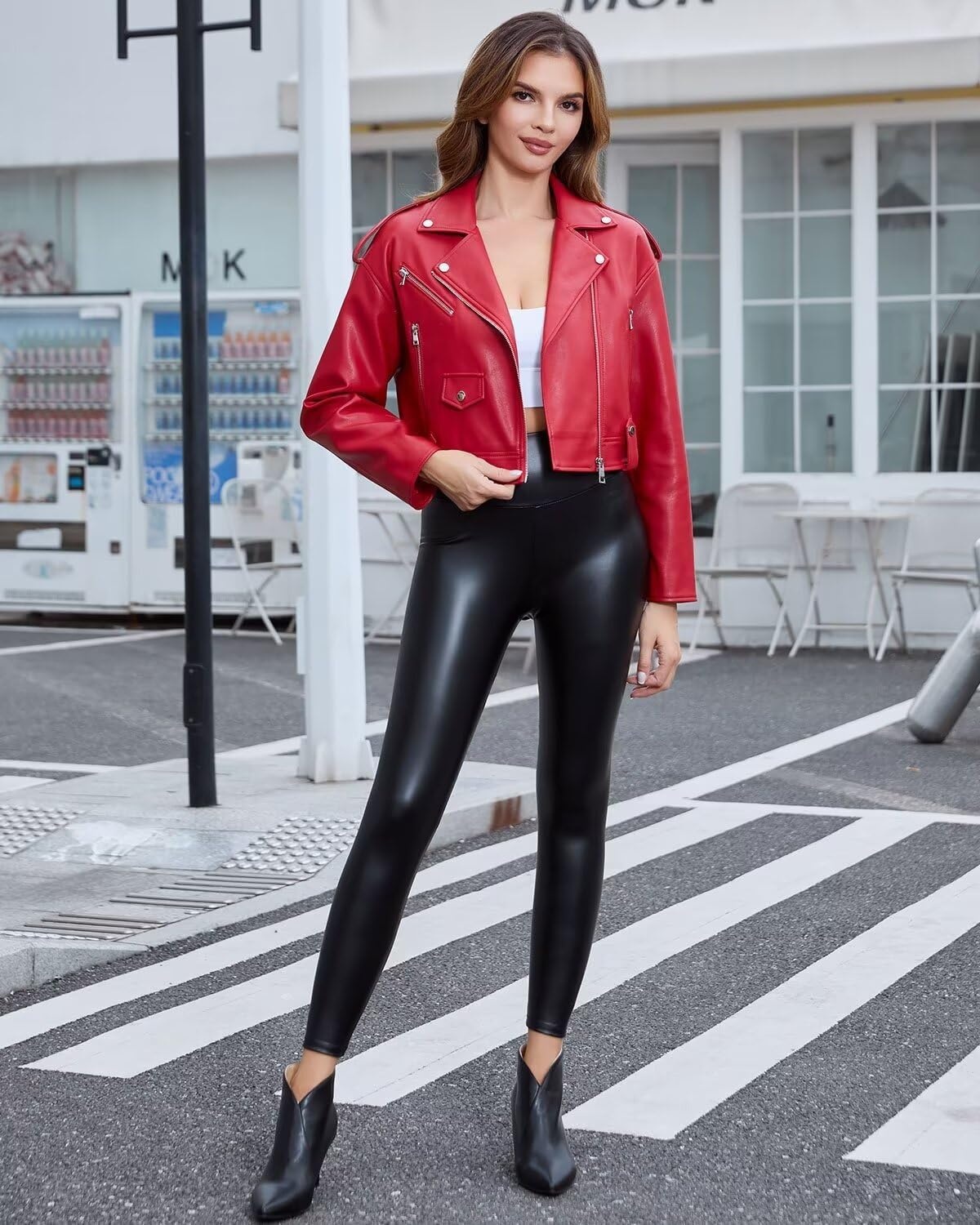 image:imageDIASHINY Women Faux Leather Jacket Slim Belted PU Moto Coat Pu Faux Leather Notch Lapel Asymmetrical Zipper Adjustable Belt Slim Fit Casual Party Women Cropped Biker Jacket127 Red