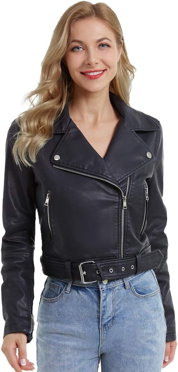 image:imageDIASHINY Women Faux Leather Jacket Slim Belted PU Moto Coat Pu Faux Leather Notch Lapel Asymmetrical Zipper Adjustable Belt Slim Fit Casual Party Women Cropped Biker Jacket036 Black