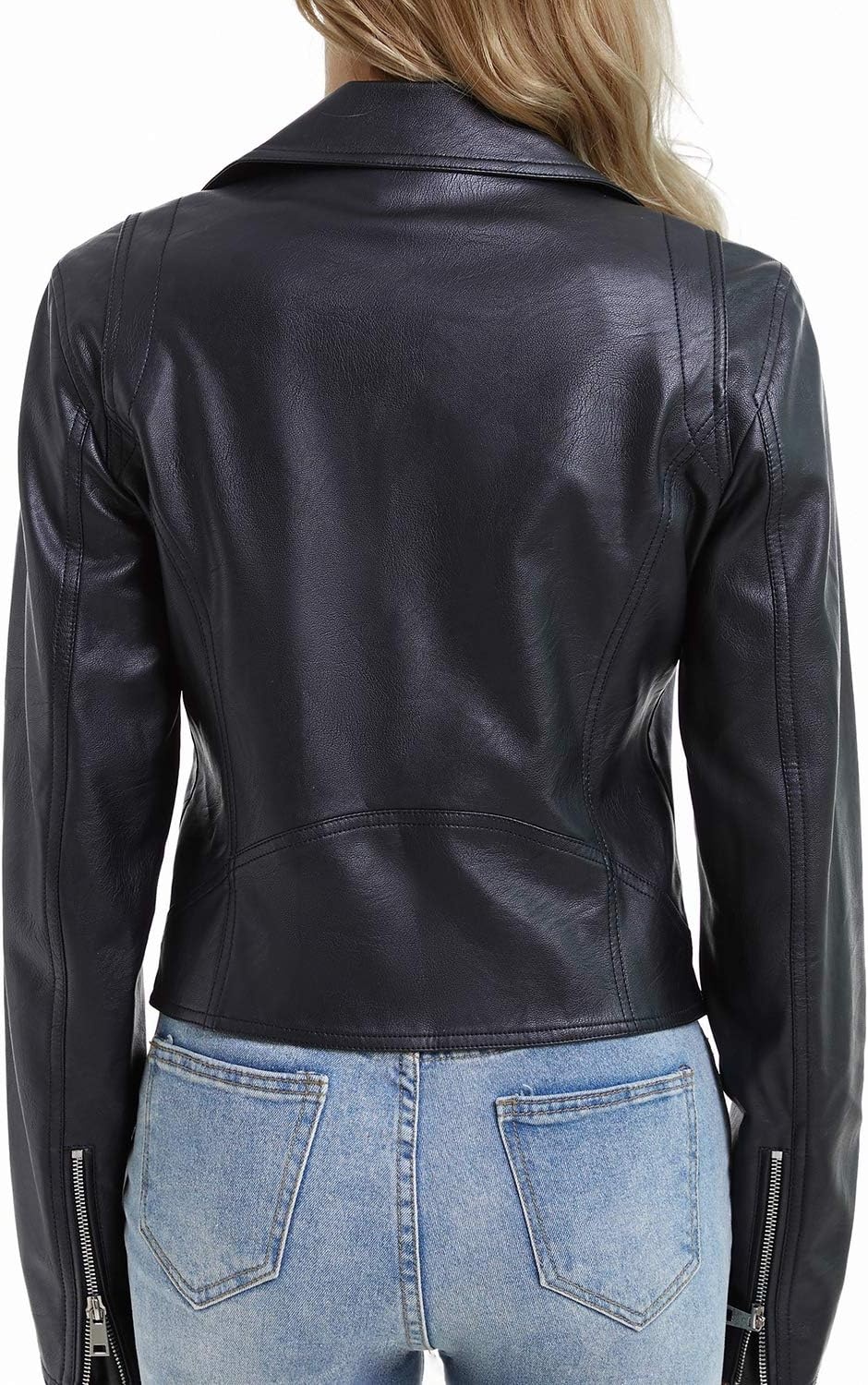 image:imageDIASHINY Women Faux Leather Jacket Slim Belted PU Moto Coat Pu Faux Leather Notch Lapel Asymmetrical Zipper Adjustable Belt Slim Fit Casual Party Women Cropped Biker Jacket013 Black