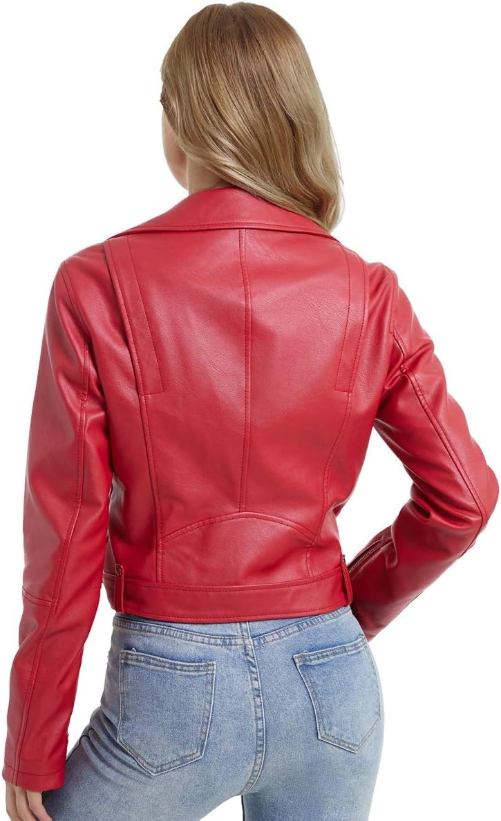 image:imageDIASHINY Women Faux Leather Jacket Slim Belted PU Moto Coat Pu Faux Leather Notch Lapel Asymmetrical Zipper Adjustable Belt Slim Fit Casual Party Women Cropped Biker Jacket036 Red