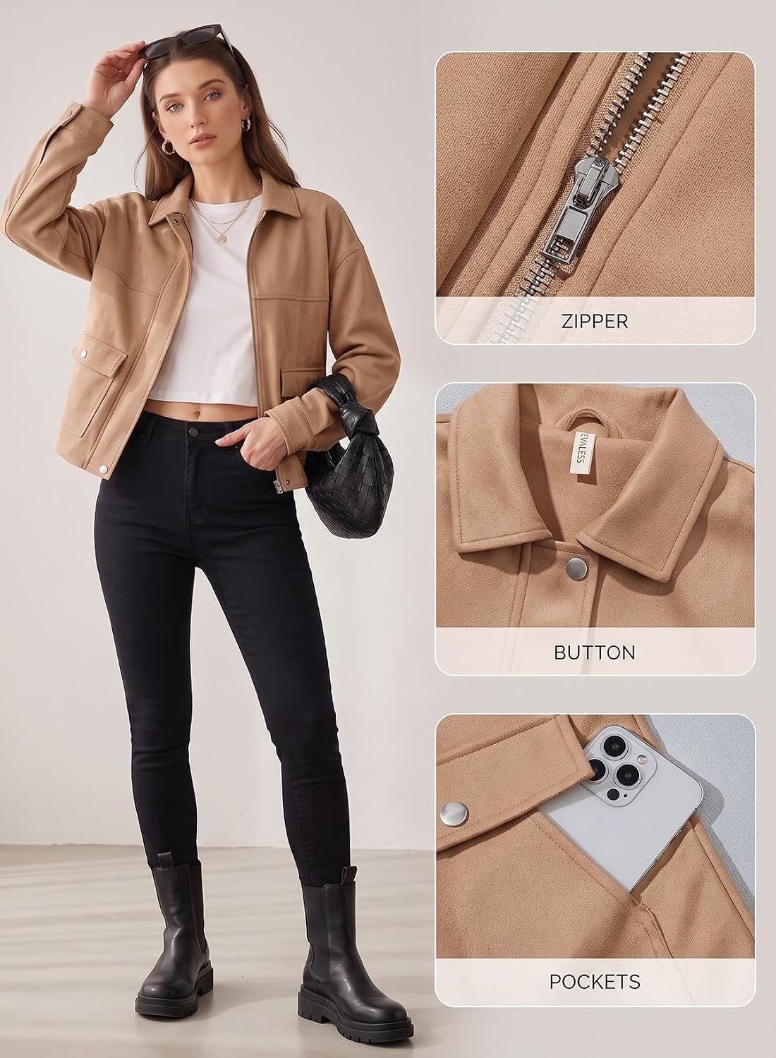 image:imageEVALESS Womens Faux Suede Jacket Fall Fashion Casual Winter Coats Outerwear Vintage Trendy Lapel Collar Zip Up Bomber Jackets with PocketsLoose Fit Travel Western Cowgirls OutfitsBusiness CasualKhaki